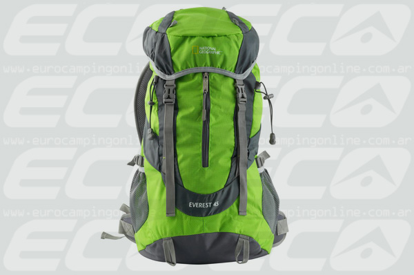 Eurocamping > NATIONAL GEOGRAPHIC MOCHILA EVEREST 45 - Repelente al agua. Cubremochila. Air Flow System. Material: 57% nylon + 43% polyester. Colores: verde/gris. Bolsillo