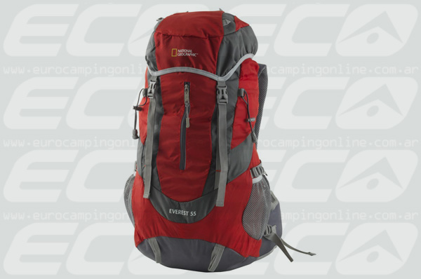 Eurocamping > NATIONAL GEOGRAPHIC MOCHILA EVEREST 55 - Repelente al agua. Cubremochila. Air Flow System. Material: 56% nylon + 44% polyester. Colores: rojo/gris. Bolsillo