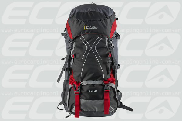 Eurocamping > NATIONAL GEOGRAPHIC MOCHILA NEW LAKE 65 - Repelente al agua. Cubremochila. Air Flow System. Material: 420 nylon + 600 D polyester. Colores: gris/rojo. Doble